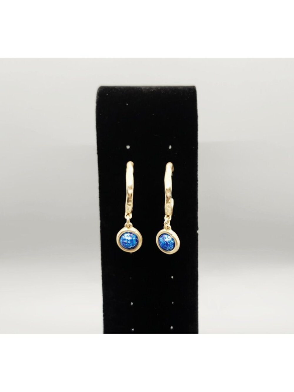 Gold Tone Hoop Dangle Earrings 3.5cm Blue Glitter Cabochon Fashion